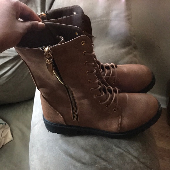 Brown and Gold Combat Boots - Picture 1 of 3